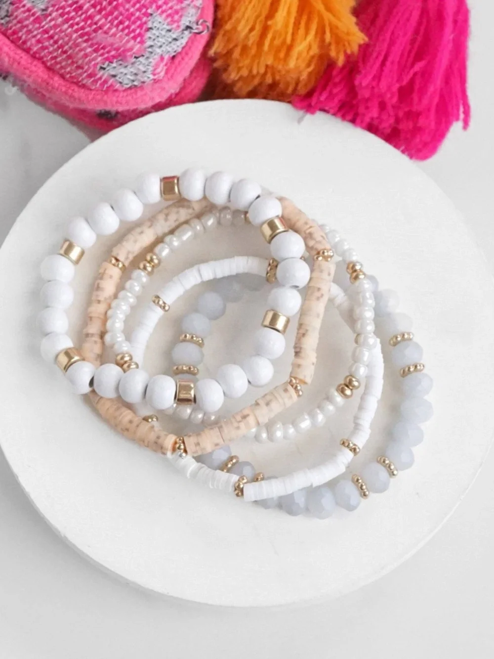 Summer Fresh Neutrals stack clay glass wood beads bracelets set